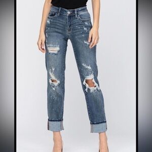 Judy Blue Jeans Women 26 3 Boyfriend Fit Distressed Splatter Blue C